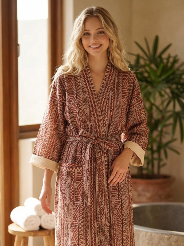 Rang - Rust Geometric Quilted Kimono Robe
