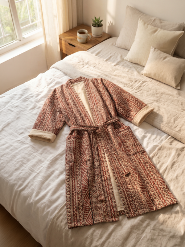 Rang - Rust Geometric Quilted Kimono Robe