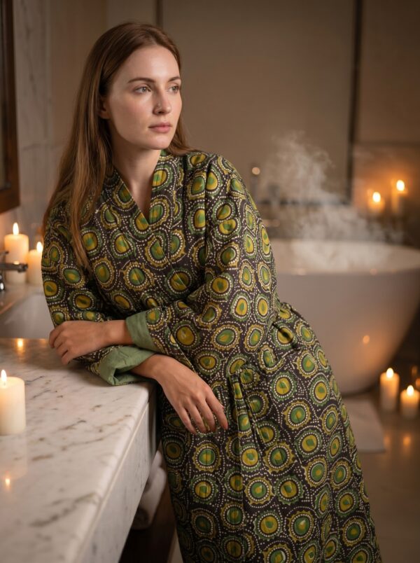 Rang - Olive Peacock Quilted Kimono Robe